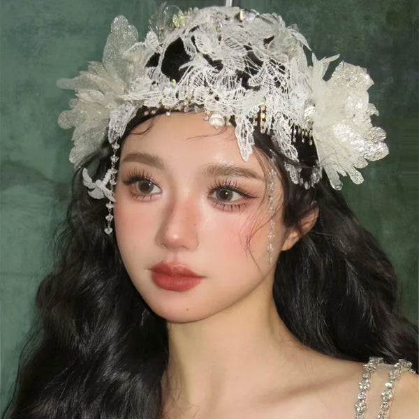 TAVIMART  -  New Retro Super Fairy Sweet Bridal Lace Crystal Tassel Head Hat Wedding Dress Photo Wedding Dress Headgear Accessories