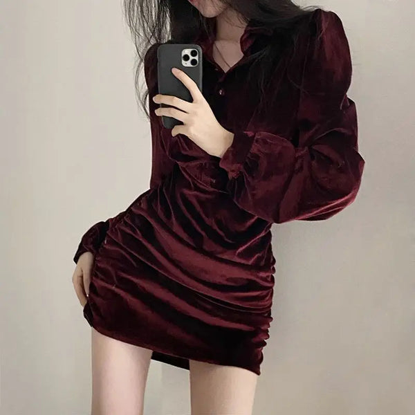 TAVIMART  -  Dress Pleated Velvet Polo Collar European And American Hot Girl Autumn And Winter Waist Slimming Hip Short Skirt