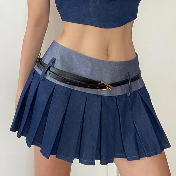 TAVIMART  -   Pleated Stitching, Contrasting Colors + Belt To Cover Crotch Slimming Sweet And Spicy Skirt Short Skirt American Style For Women