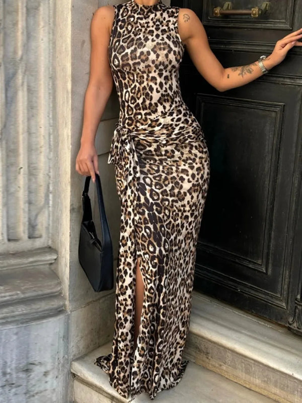 TAVIMART  -   Woman Elegant Leopard Print Bandage Long Dress 2024 Summer Sexy O-neck Sleeveless Tunics Bodycon Slit Evening Party Dresses