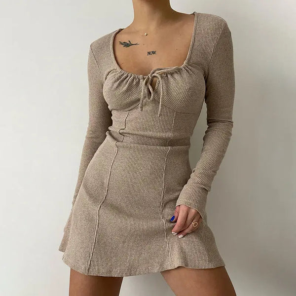 TAVIMART  -  Knitting Dress Tie-Up Square Collar Women'S Dresses Autumn New Temperament Elegant Long Sleeve Slimming Mini Knitting Dress