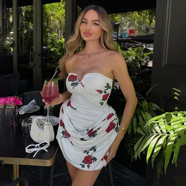 TAVIMART  -  Rose Print Strapless Dress Women Summer Sexy Small V-Neck Chic Ruched Vestidos Birthday Club Party Bodycon Robe