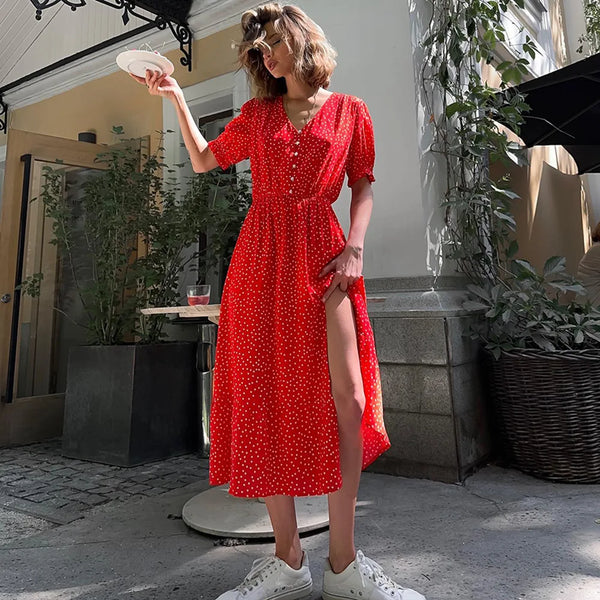 TAVIMART  -  Summer Elegant Dot Long Dress Women V Neck Single Breasted Short Sleeve High Split Casual Fashion Streetwear Red Robes