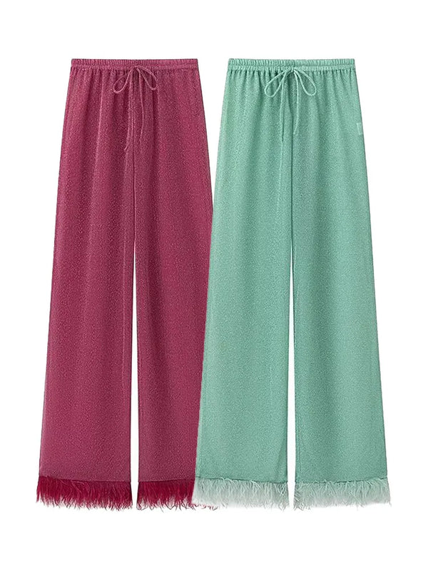 TAVIMART  -  Autumn Female Elastic Waist Drawstring Feather Decorate Solid 2-color Pant Women Niche Design Wide Leg Long Pants Mujer