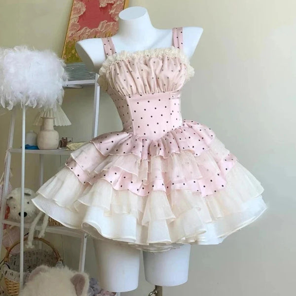 TAVIMART  -  Sweet Women Cute Mesh Ruffles Wave Point Print Slim Dresses Elegant Lolita Princess Dress Harajuku Y2k Evening Party Mini Dress