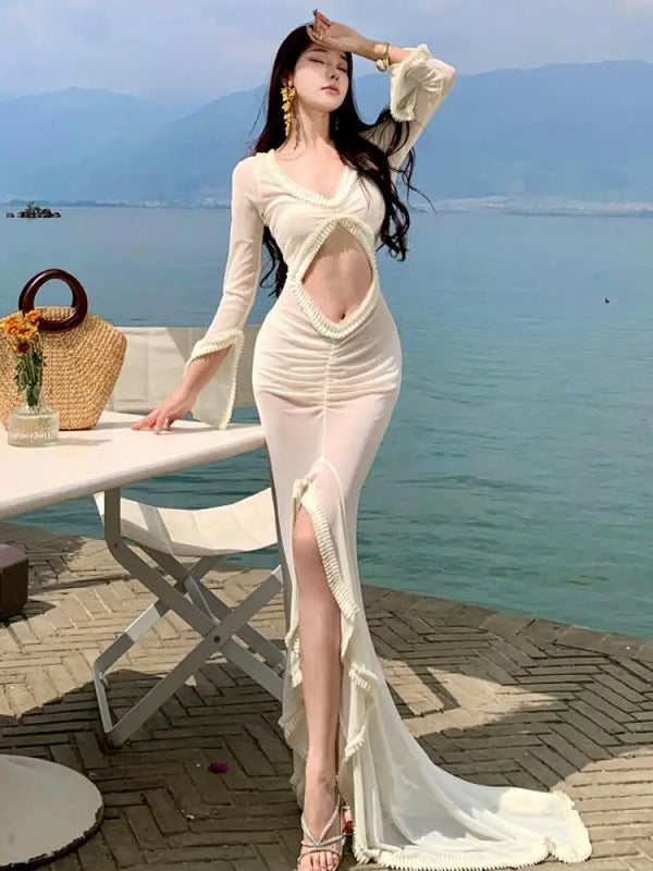 TAVIMART  -  Spring Summer Beige Temperament Ruffles Pleated Sundress Sexy Club Women Fashion Long Sleeve Hollowed Out High Split Dress