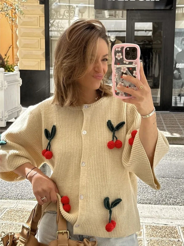 TAVIMART  -  Cherry Decor Knitted Cardigan Women Autumn New Single Breasted O Neck Sweater Female Casual Fashion Half Sleeve Sweaters 2024