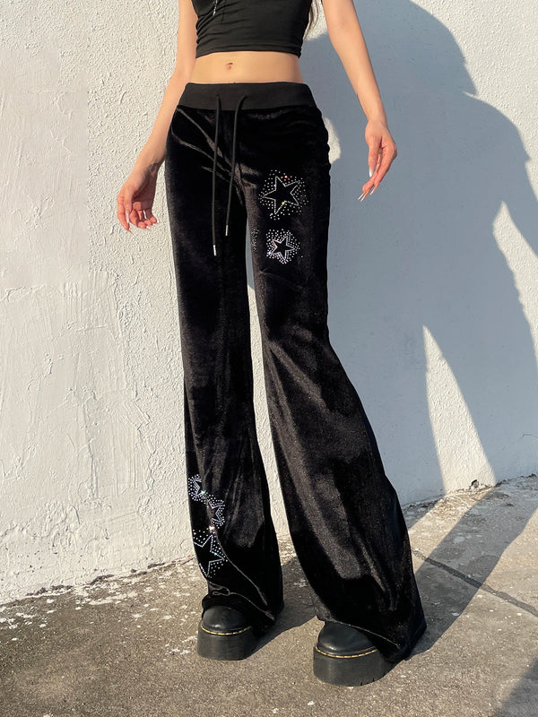 TAVIMART  -  Casual Star Pattern Rhinestone Velvet Pants Basic Loose Mid-Waisted Wide Leg Pants Women Autumn Spring Fashion Lady