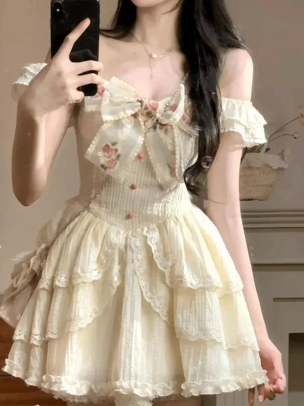 TAVIMART  -  Summer Sweet Fairy Dress For Women Elegant Lolita Bow Ruffles Princess Dresses Girl Sleeveless Birthday Party Mini Dress