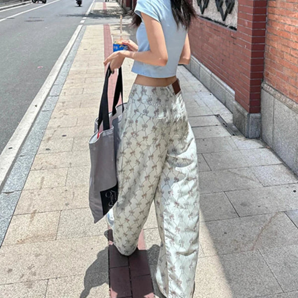 TAVIMART  -  Y2k Vintage Baggy Pants Woman America Retro Casual Wide Leg Bow Print Trousers Sweet Harajuku High Street Pantalones