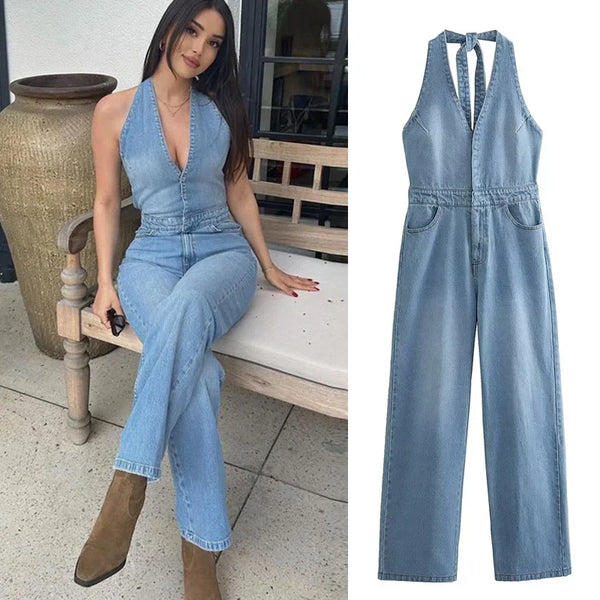 TAVIMART  -  Sexy Backless Sleeveless Deep V Neck Jump Suits for Women Jumpsuit Vintage Cotton Denim Long Overall Jumpsuits Summer