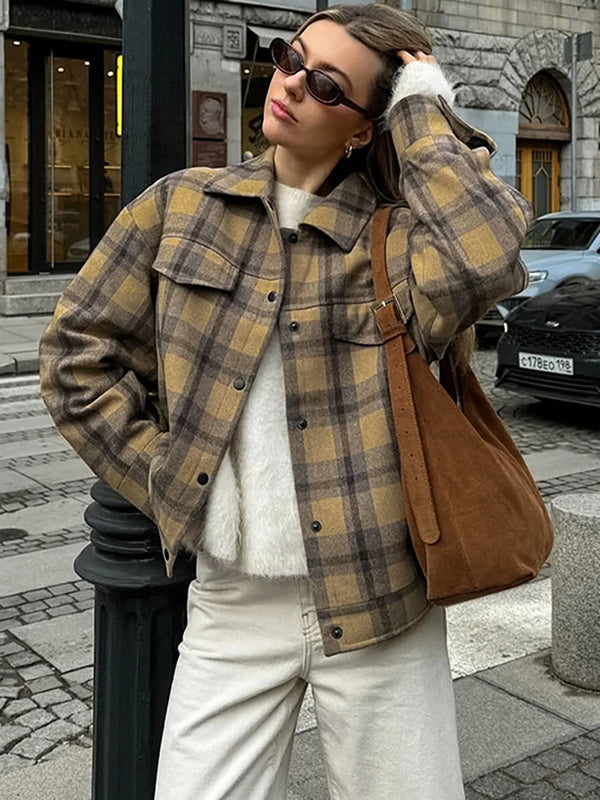 TAVIMART  -  New Plaid Contrast Jacket Women Autumn Winter Single Breasted Long Sleeve Outerwear Female Streetwear Vintage Fashion Coat