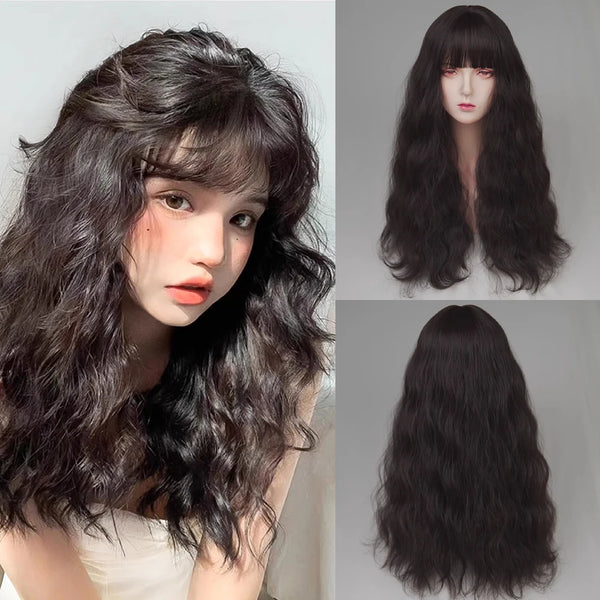 TAVIMART  -  Long Synthetic Wavy Curly Hairstyle Wig with Bangs Black Women  Lolita Cosplay Hair Natural Heat Resistant Wig for Daily Party