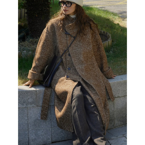 TAVIMART  -  Autumn and Winter New Korean Version Retro Chinese Bullhorn Button Woolen Coat Loose and Slim Thick Coat for Women