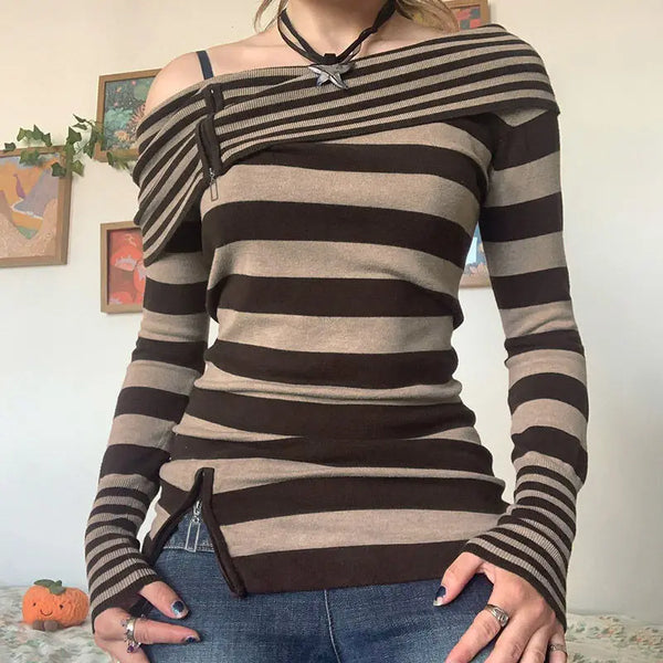 TAVIMART  -  Knitted High-Quality Contrast Striped Zipper One-Shoulder T-Shirt Women'S Waist Slimming American Hot Girl Top