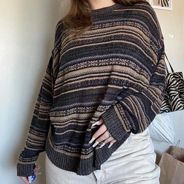 TAVIMART  -  00s Cottage Grunge Striped Knitted Sweater Autumn O Neck Long Sleeve Knitwears Preppy Style Vintage Y2K Baggy Pullovers Women