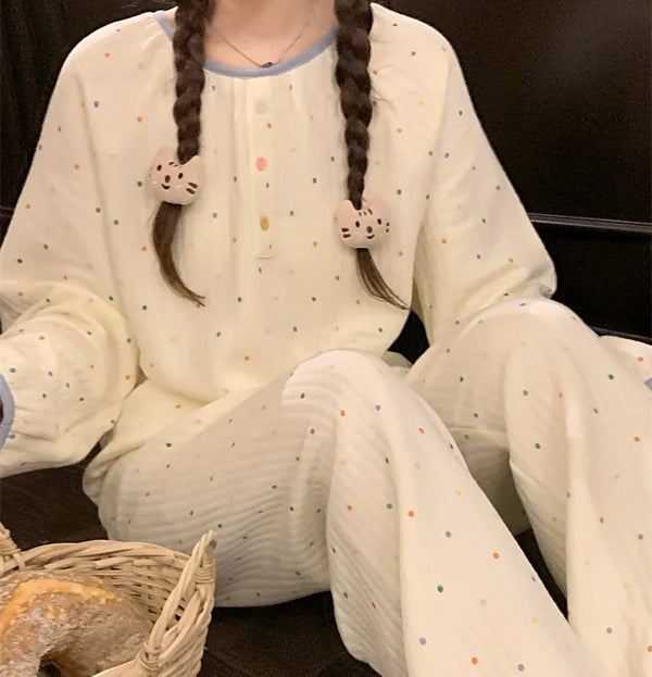 TAVIMART  -  White Gauze Pajama Set Women Sleepwear Autumn Winter Polka Dot Pyjamas Long Sleeve Home Suit Crepe Breathable Nightwear S379