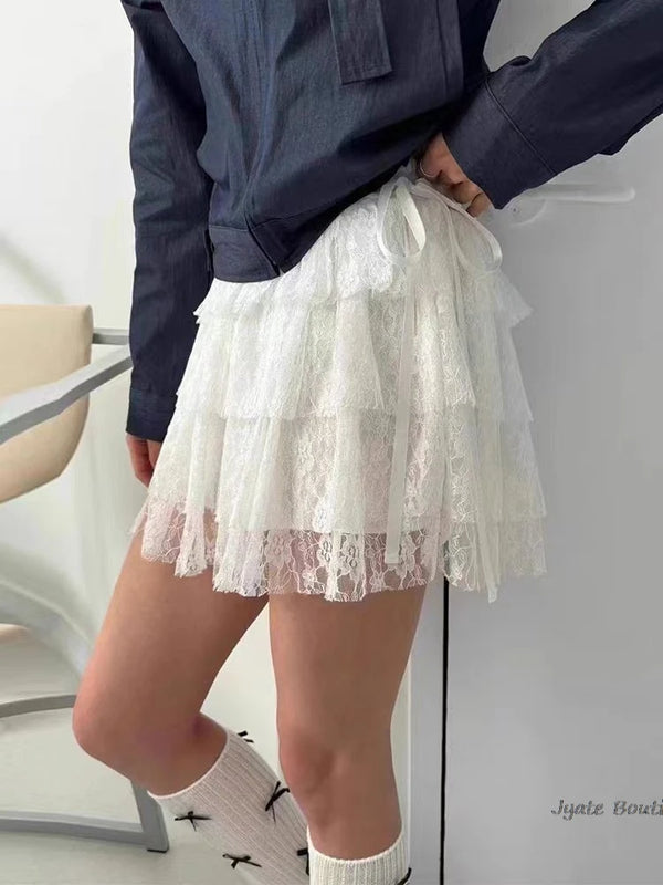 TAVIMART  -  Chic Sweet A-line Embroidery Lace Short Skirt For Women 2024 New Fashion Elastic Wasit Bow Casual Solid Female Summer Mini Skirt