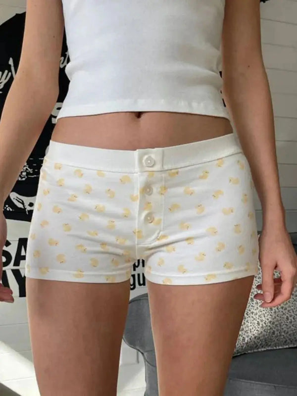 TAVIMART  -  Duck Print Cotton Shorts Women Summer Contrast Patchwork High Waist Buttons Straight Sweatshorts Casual Home Sweet Short Pants