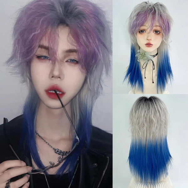 TAVIMART  -  Short Ombre Grey Purple Blue Mullet Head Wig with Bangs Synthetic Wavy Fluffy Women Hair Wig for Daily Party Cosplay