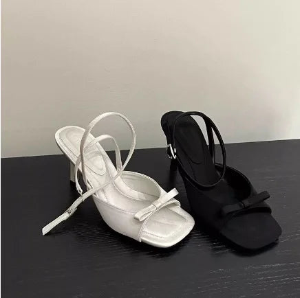 TAVIMART  -  Beige Heeled Sandals Fashion Womens Shoes Black Luxury Retro Comfort New High Girls Stiletto Bow Summer Low Rubber Back Str