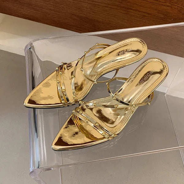 TAVIMART  -  Footwear Low Heel Ladies Slippers Shoes Pointed Toe Fashion Metal Rivet Women Heeled Slides Slippers Female Sandals Shoes Pumps