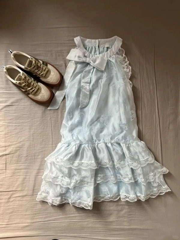 TAVIMART  -  Summer New Sweet Sleeveless Student Bow Loose Blue Lace Cake Dresses for Women Korean Chic Loose A-line Mid Length Dress