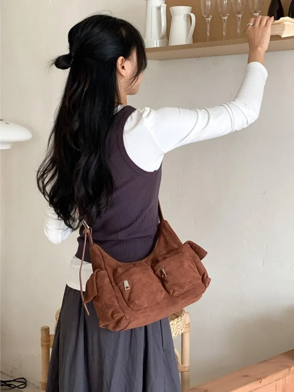 TAVIMART  -  Retro Suede Crossbody Bag Women New Autumn Winter Korean Fashion Simple Casual Plush Bags Trend Solid Shoulder Bag Handbags