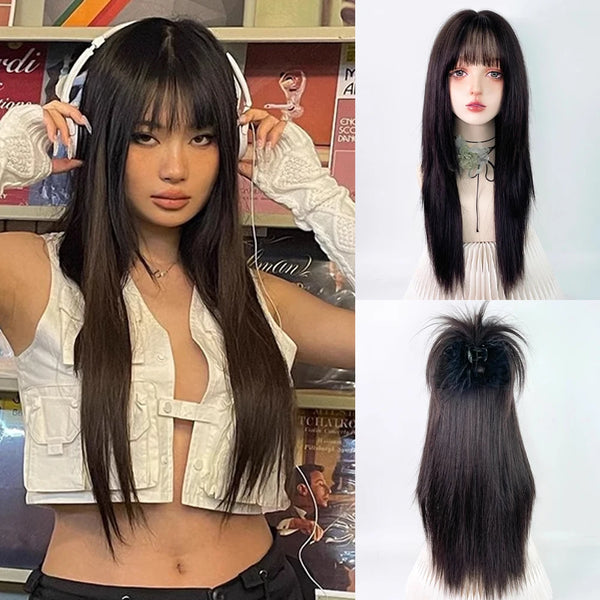 TAVIMART  -  Black Long Straight Synthetic Women Wigs with Bangs Lolita Cosplay Nature Fluffy Hair Wig for Daily Party