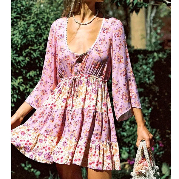 TAVIMART  -  Floral Vintage Mini Dress Pink Holiday Boho Women Dress  Flare Sleeve Summer Holiday Ladies Female Sexy Dresses