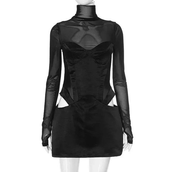 TAVIMART  -  Sexy Cut Out Black Sheer Mesh Turtleneck Women Club Dresses 2025 Summer Fashion Patchwork Long Sleeve Y2K Dress Bodycon Mini