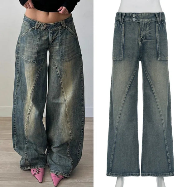 TAVIMART  -  Denim Irregular Jeans America Sexy Cotton Distressed Split Line Pants Girl Retro Casual Low Waist Loose Versatile Wide Leg Pants