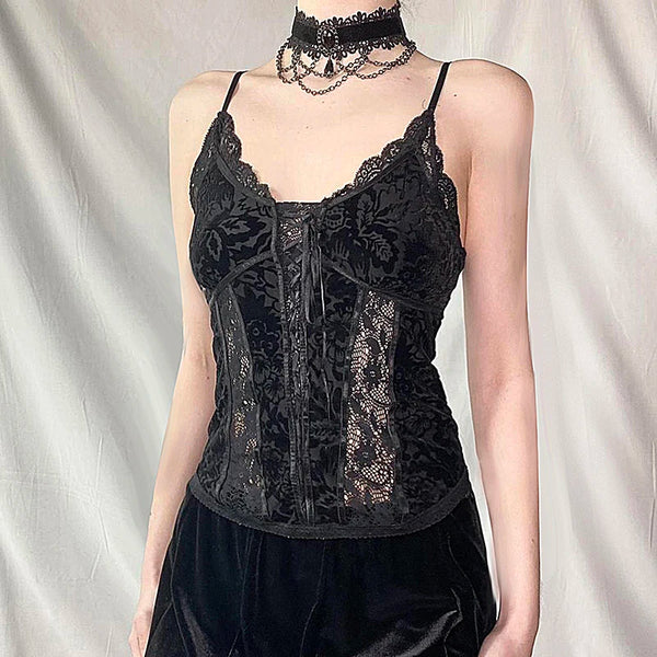 TAVIMART  -  Gothic Style Lace-up Camisole Top Women Elegant Aesthetic Vintage Black Tank Top Chic Lace Vest 2000s Fashion Outfits