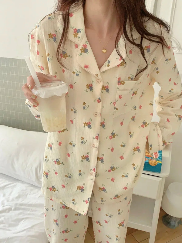 TAVIMART  -  Spring Autumn Floral Print Sleepwear 100% Cotton Pajama Sets Home Wear Double Layers Gauze Pants Pyjamas Soft Homewear S353