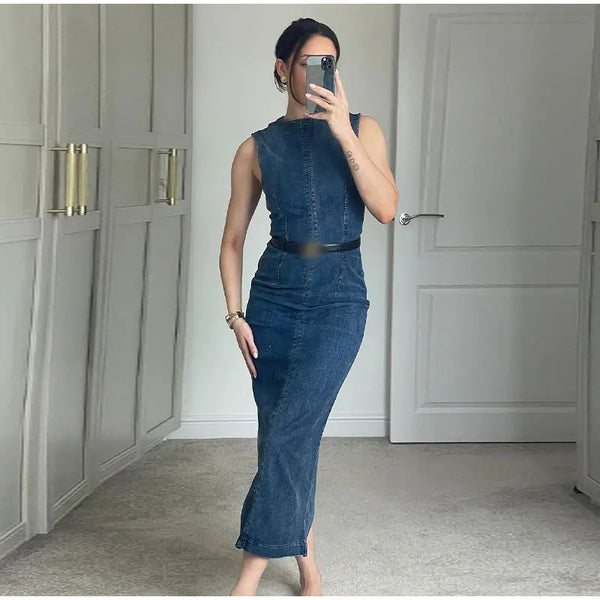 TAVIMART  -  Summer Denim Slim Fit Long Dresses For Women Fashion High Waist Sleeveless Bodycon Dress Street Style Jeans Tube Robes Vestidos