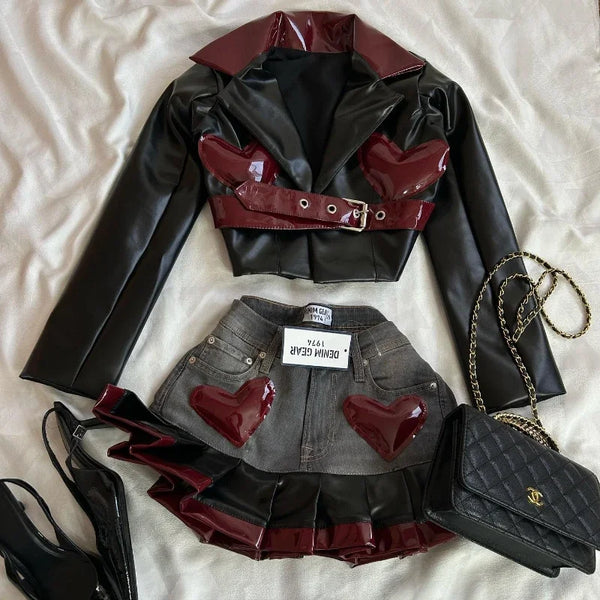 TAVIMART  -  Y2K Women Streetwear Heart Shape Leather Outfit Two Piece Harajuku Gothic Jacket Cropped Denim Patchwork Pleated Mini Skirt Suit