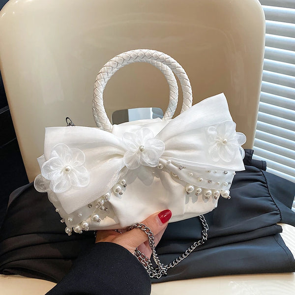 TAVIMART  -  Fashion Pleated Cloud Handbag Studded Pearl Big Bow Design Women Evening Bag Luxury Chain Shoulder Crossbody Bag Female Clutches