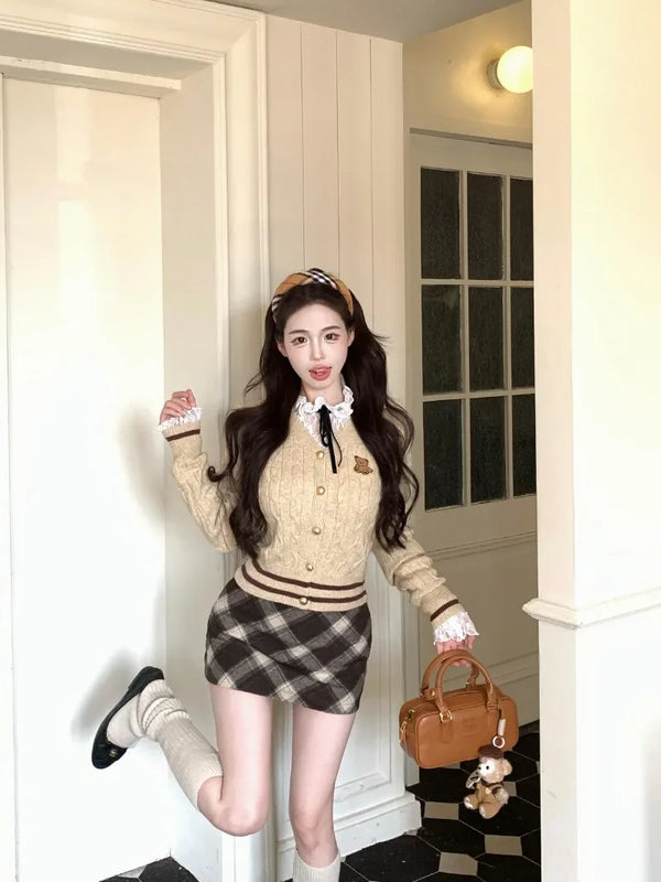 TAVIMART  -  Sweet Hot Girl Preppy Suit Women's Autumn/winter Knitted Cardigan Plaid Skirt Lace Shirt Three-piece Set Fashion Female Clothes