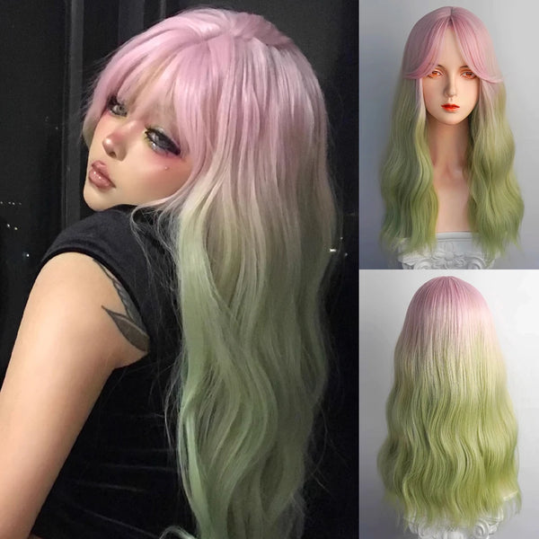 TAVIMART  -  Long Wavy Ombre Pink Green Gradient Women Synthetic Wig with Bangs Lolita Cosplay Heat Resistant Wig for Daily Party