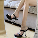 TAVIMART -  New Square Toe Chain Women Shoes Fashion Show Hand-made Women's Sandals Slip-on Thin Heels Black Rome High-heeled Sandals