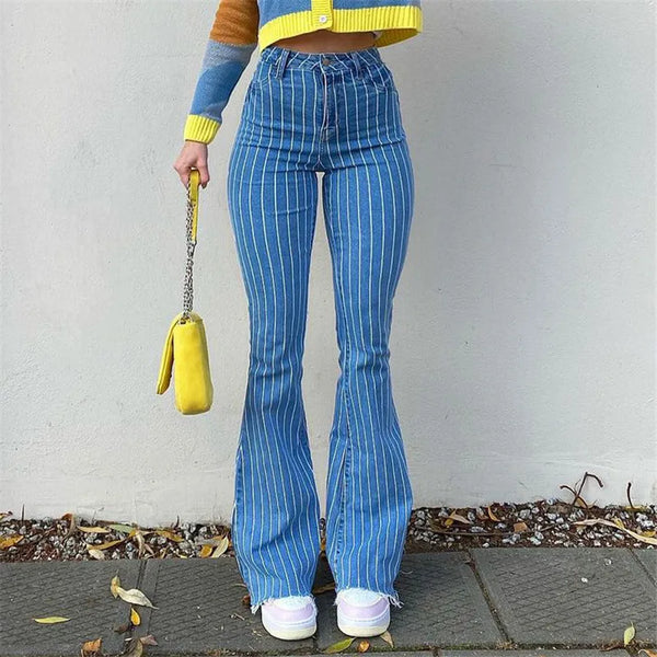 TAVIMART  -  Women Stretch Flare Hips Wrap Jeans Lady Vintage Y2K Punk Blue High Waist Denim Pants Lady Streetwear Striped Plaid Trousers