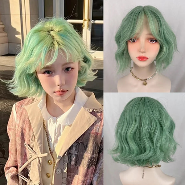 TAVIMART  -  Short Wavy Mint Green Synthetic Wig with Bangs Fluffy Lolita Cosplay Heat Resistant Women Wig for Daily Party