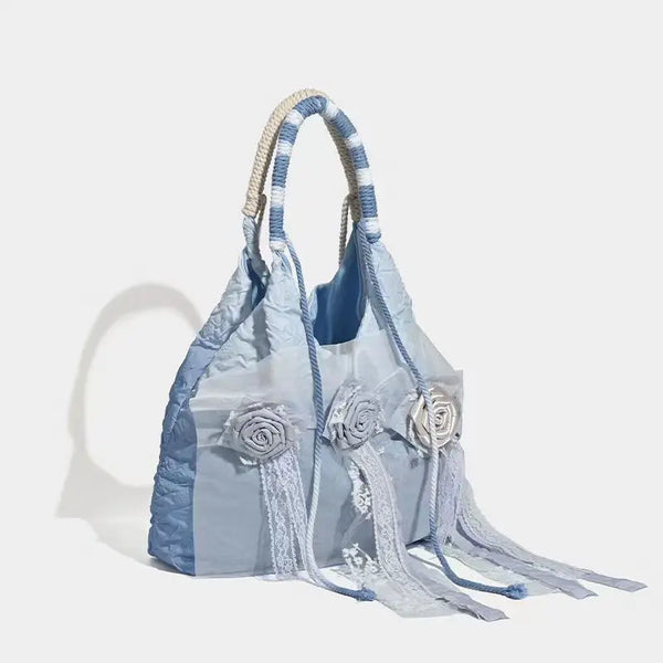 TAVIMART  -  Vintage Silk Tie Dye Rose Blue Pleated Shoulder Underarm Bag Fashion Ribbon Lace Women's Handbag