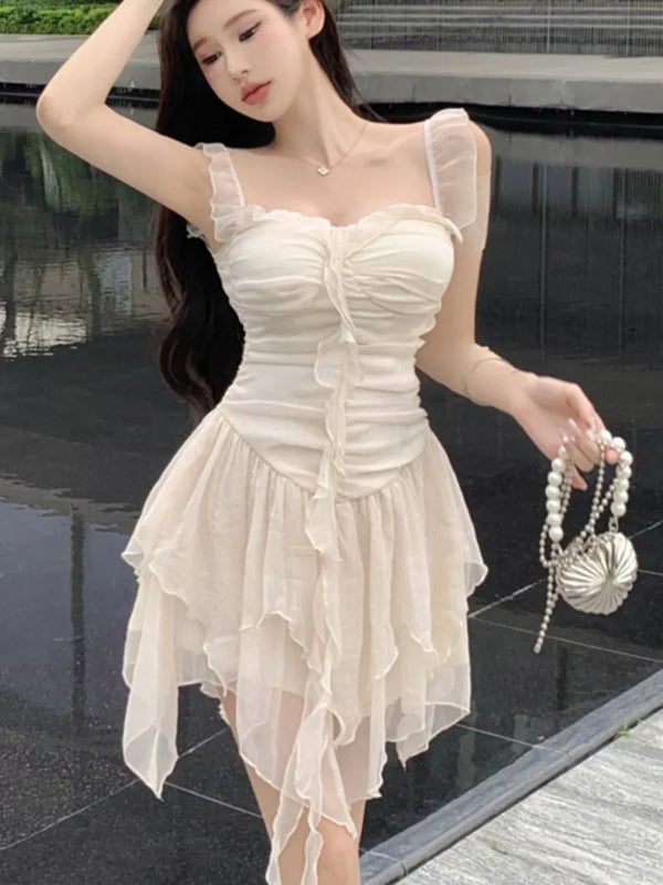 TAVIMART  -  Y2K Irregular Ruffles Short Dresses for Women Spaghetti Strap High Waist A-line Summer New Korean Fashion One Piece Party Dress