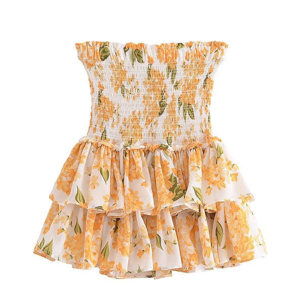 TAVIMART  -  Women Cake Skirts jupe Summer Orange Flower Elastic Waist Ruched Package Hips Wood ears Ruffles Hem Mini Skirt