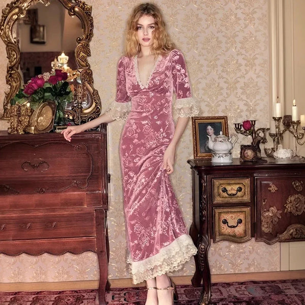 TAVIMART  -  Lace Print Long Dress Women's Elegant V Neck Luxury Party Evening Gown High Waist Vintage Y2k Patchwork Dress Robe