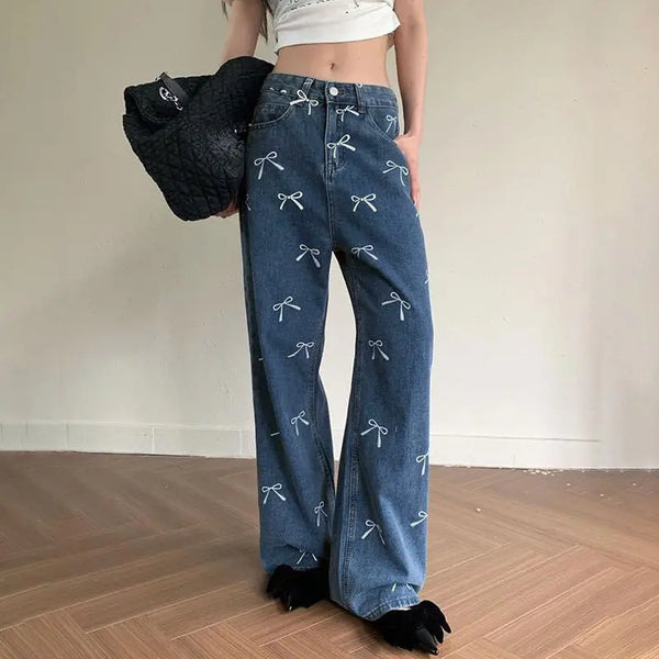 TAVIMART  -  Jeans Bow Prrint Korean Chic Mujer Women Wide Leg Denim Pants Straight 2024 Spring Pockets Womens Jeans Trousers