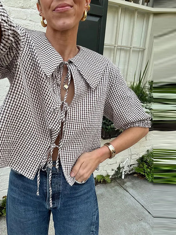 TAVIMART  -  Pink Striped Peter pan Collar Blouse Women Casual Preppy Style Button Short Sleeve Tees Sweet Vintage Cute T-shirts Y2K Tops New
