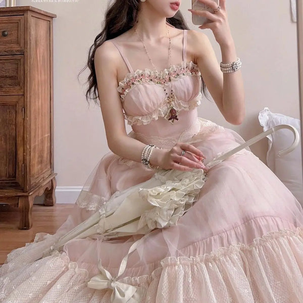 TAVIMART  -  Lolita Elegant and Sweet Princess Dress Birthday Party High Waist Pink Lace Palace Pearl Sweet Vintage Cute Lotus Edge