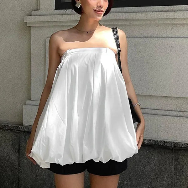 TAVIMART  -  New White Strapless Dress Women Sleeveless Loose Ruched Short Dress Backless Splice Casual Bandage Female Clothes Summer